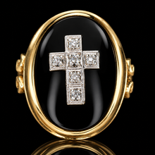 Load image into Gallery viewer, SPECIAL!  Vintage onyx and diamond Cross ring in yellow gold