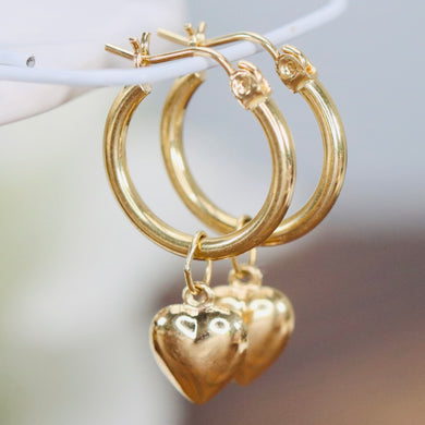 Removable heart drop hoop earrings in 14k yellow gold