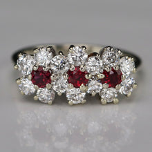 Load image into Gallery viewer, 40% OFF!  Estate vintage triple cluster ruby and diamond ring in 18k white gold