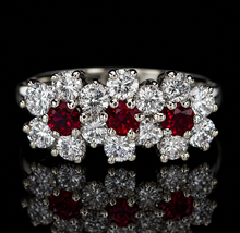 Load image into Gallery viewer, Estate vintage triple cluster ruby and diamond ring in 18k white gold
