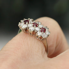 Load image into Gallery viewer, 40% OFF!  Estate vintage triple cluster ruby and diamond ring in 18k white gold