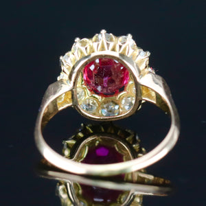 Edwardian Old mine cut diamond and lab ruby cluster ring in 18k yellow gold