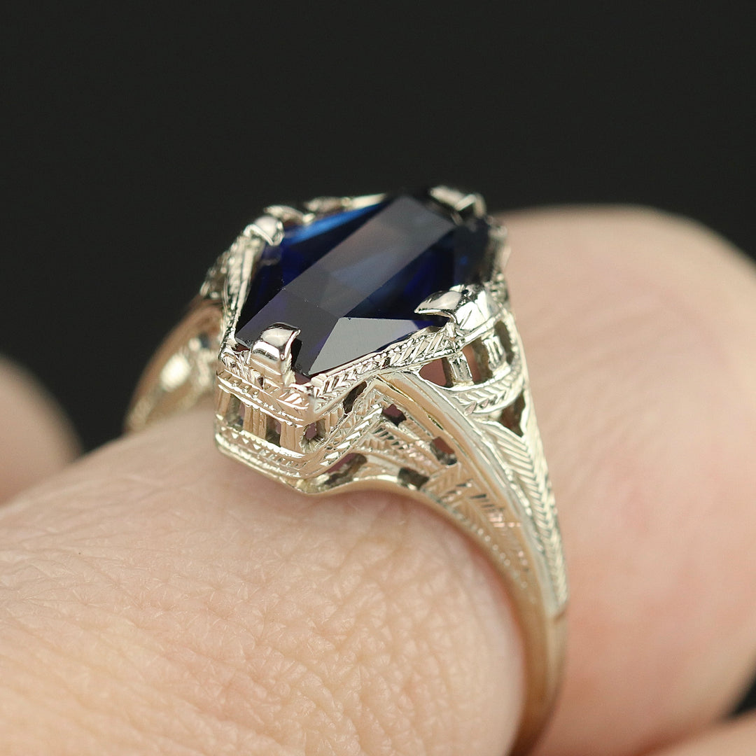 Vintage synthetic blue sapphire ring in 18k white gold from Manor Jewels