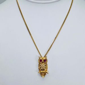 Estate owl necklace with rubies and diamonds in 18k yellow gold from Manor Jewels