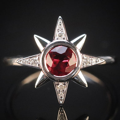 Ruby and diamond compass ring in 14k white gold from Manor Jewels