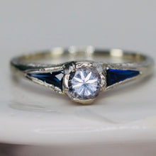 Load image into Gallery viewer, Art Deco synthetic Sapphire ring in 14k white gold