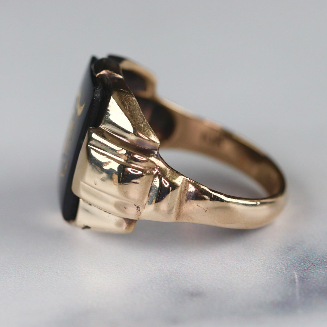 Vintage onyx initial T ring in yellow gold