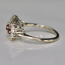 Load image into Gallery viewer, 40% OFF!  Estate vintage triple cluster ruby and diamond ring in 18k white gold