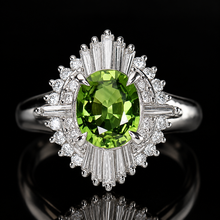 Load image into Gallery viewer, Green sapphire and diamond ballerina style ring in platinum
