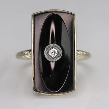 Load image into Gallery viewer, Classic estate vintage onyx and diamond ring in 14k white gold