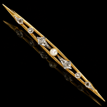 Load image into Gallery viewer, SPECIAL!  Estate antique French diamond and pearl bar pin in 18k yellow gold