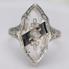 Load image into Gallery viewer, Vintage onyx, rock crystal and diamond ring in white gold