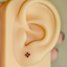 Load image into Gallery viewer, SPECIAL!  Ruby Quatrefoil studs in 14k yellow gold