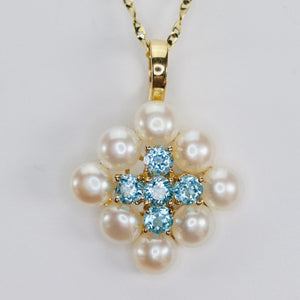 14k Yellow gold pearl and blue topaz enhancer pendant