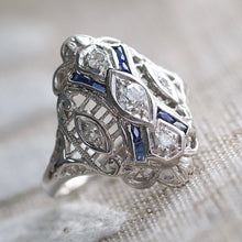 Load image into Gallery viewer, Detailed Vintage OMC diamond and sapphire plaque ring in 14k white gold *onyx deal*