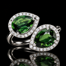 Load image into Gallery viewer, Green tourmaline and diamond bypass style ring in platinum