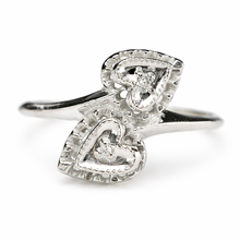 Load image into Gallery viewer, Estate vintage double heart diamond ring in white gold