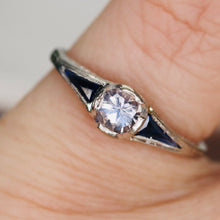 Load image into Gallery viewer, Art Deco synthetic Sapphire ring in 14k white gold