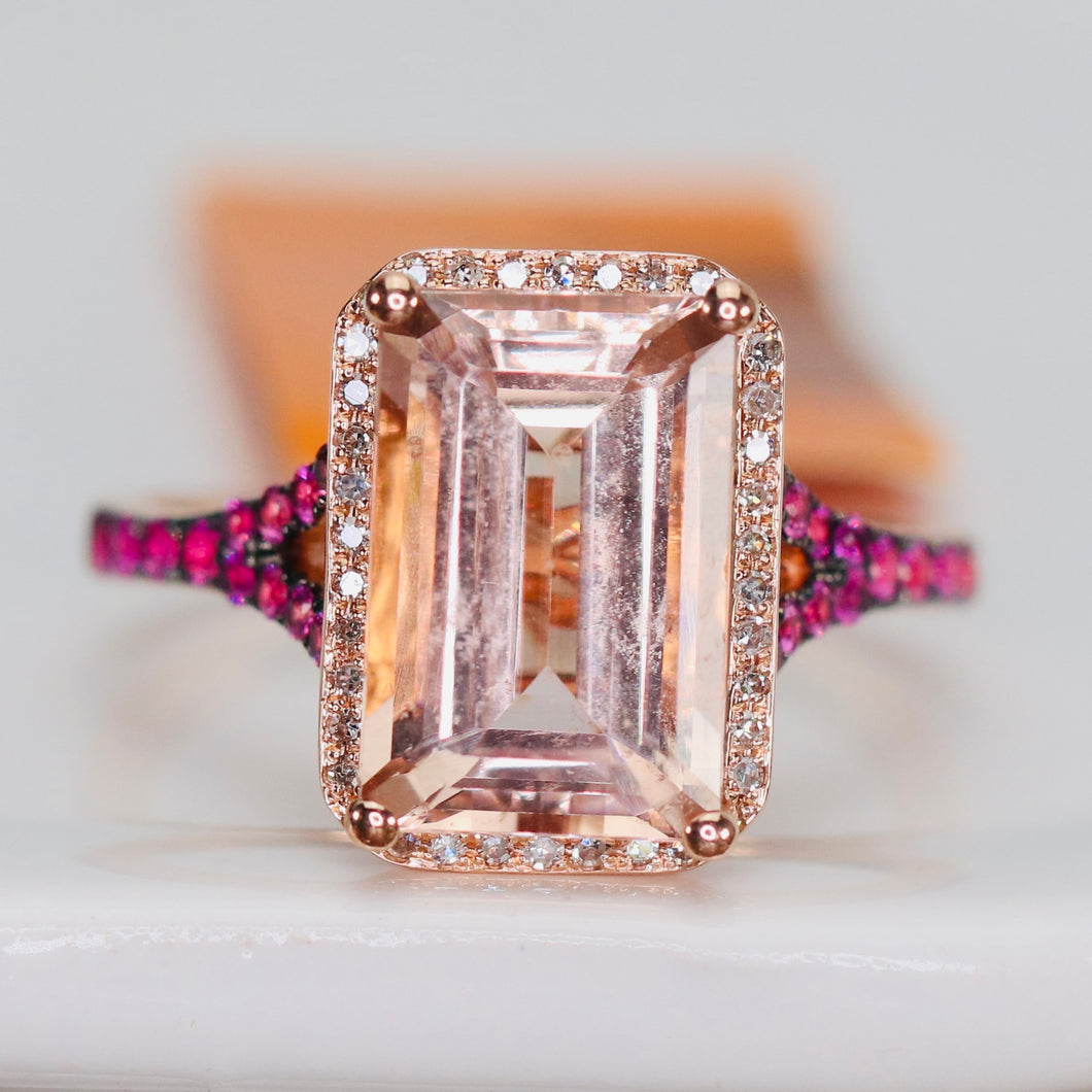 Morganite, pink sapphire, and diamond ring in 14k rose gold by Effy