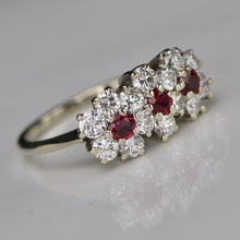 Load image into Gallery viewer, 40% OFF!  Estate vintage triple cluster ruby and diamond ring in 18k white gold