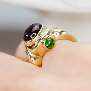 Pink and green cabochon tourmaline ring in 14k yellow gold