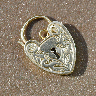 Estate vintage engraved heart padlock in yellow gold