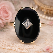 Load image into Gallery viewer, Vintage estate oval onyx and diamond ring in yellow gold