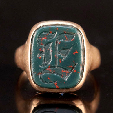 Antique 1894 bloodstone E signet in yellow gold