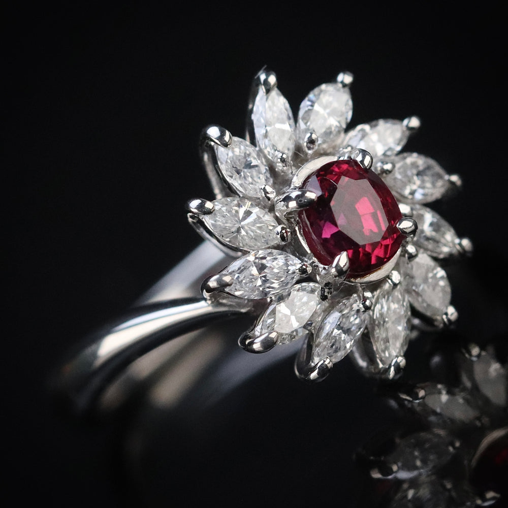 Estate ruby and diamond cluster ring in platinum from Manor Jewels