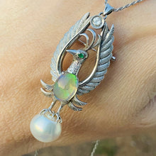 Load image into Gallery viewer, Phoenix opal and pearl brooch/pendant with chain in 14k white gold