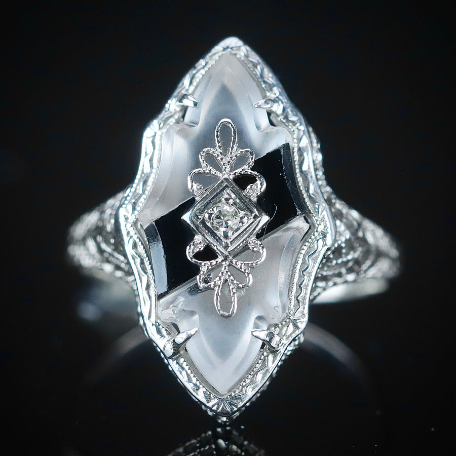 Vintage ring with onyx and rock crystal in 14k white gold filigree from Manor Jewels.