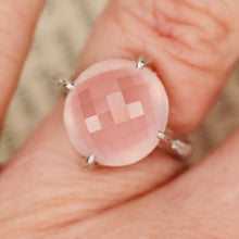 Load image into Gallery viewer, Checkerboard dome rose quartz and diamond ring in 18k white gold