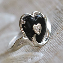 Load image into Gallery viewer, Vintage Heart shaped onyx and diamond ring in white gold