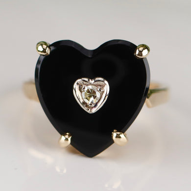 F&F Felger vintage Heart shaped onyx and diamond ring in 14k yellow gold