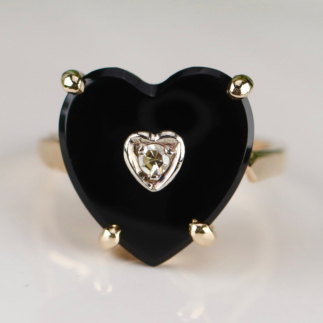 F&F Felger vintage Heart shaped onyx and diamond ring in 14k yellow gold
