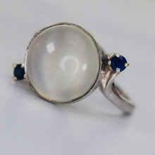 Load image into Gallery viewer, Vintage moonstone and sapphire ring in 14k white gold