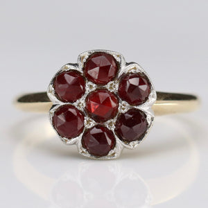 Vintage rose cut Garnet cluster ring in 14 yellow & white gold