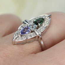 Load image into Gallery viewer, Estate platinum navette ring with diamonds, aquamarine, tanzanite, and tourmaline in platinum from Manor Jewels