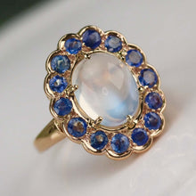 Load image into Gallery viewer, RESERVED: LAYAWAY PAYMENT 7 OF 10: Stunning moonstone and sapphire ring in 14k yellow gold