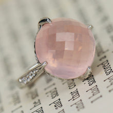 Load image into Gallery viewer, Checkerboard dome rose quartz and diamond ring in 18k white gold