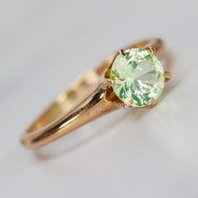 Load image into Gallery viewer, Vintage synthetic green spinel solitaire ring in 14k yellow gold by J R Wood