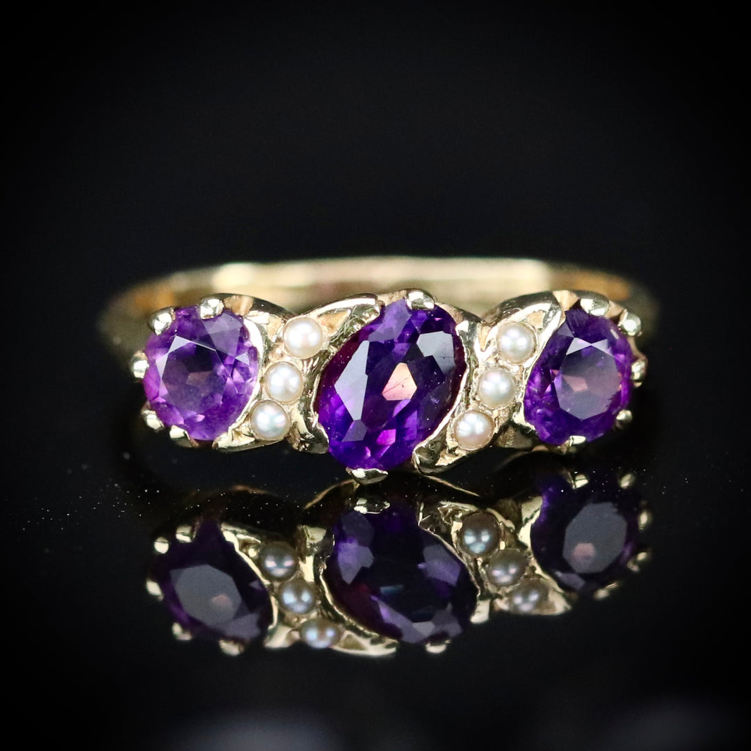 Vintage amethyst and seed pearl ring in 14k yellow gold