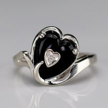 Load image into Gallery viewer, Vintage Heart shaped onyx and diamond ring in white gold