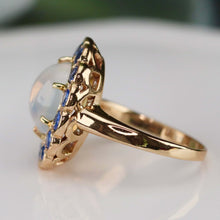 Load image into Gallery viewer, RESERVED: LAYAWAY PAYMENT 7 OF 10: Stunning moonstone and sapphire ring in 14k yellow gold