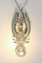 Load image into Gallery viewer, Phoenix opal and pearl brooch/pendant with chain in 14k white gold