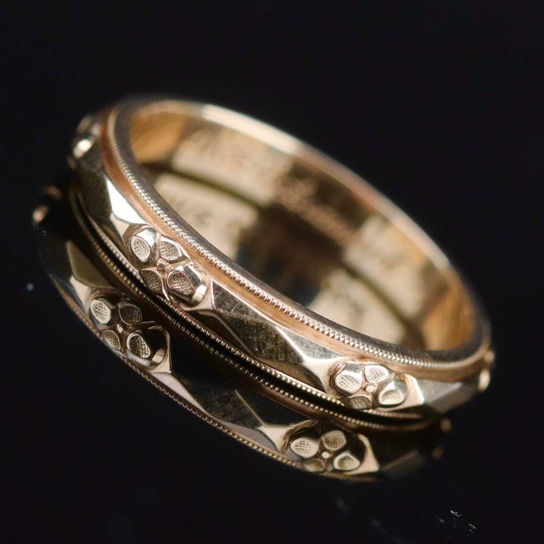 Vintage gold band ring with orange blossom pattern by Art Carved from Manor Jewels.