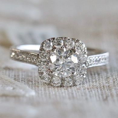 Lab grown diamond halo ring in 14k white gold