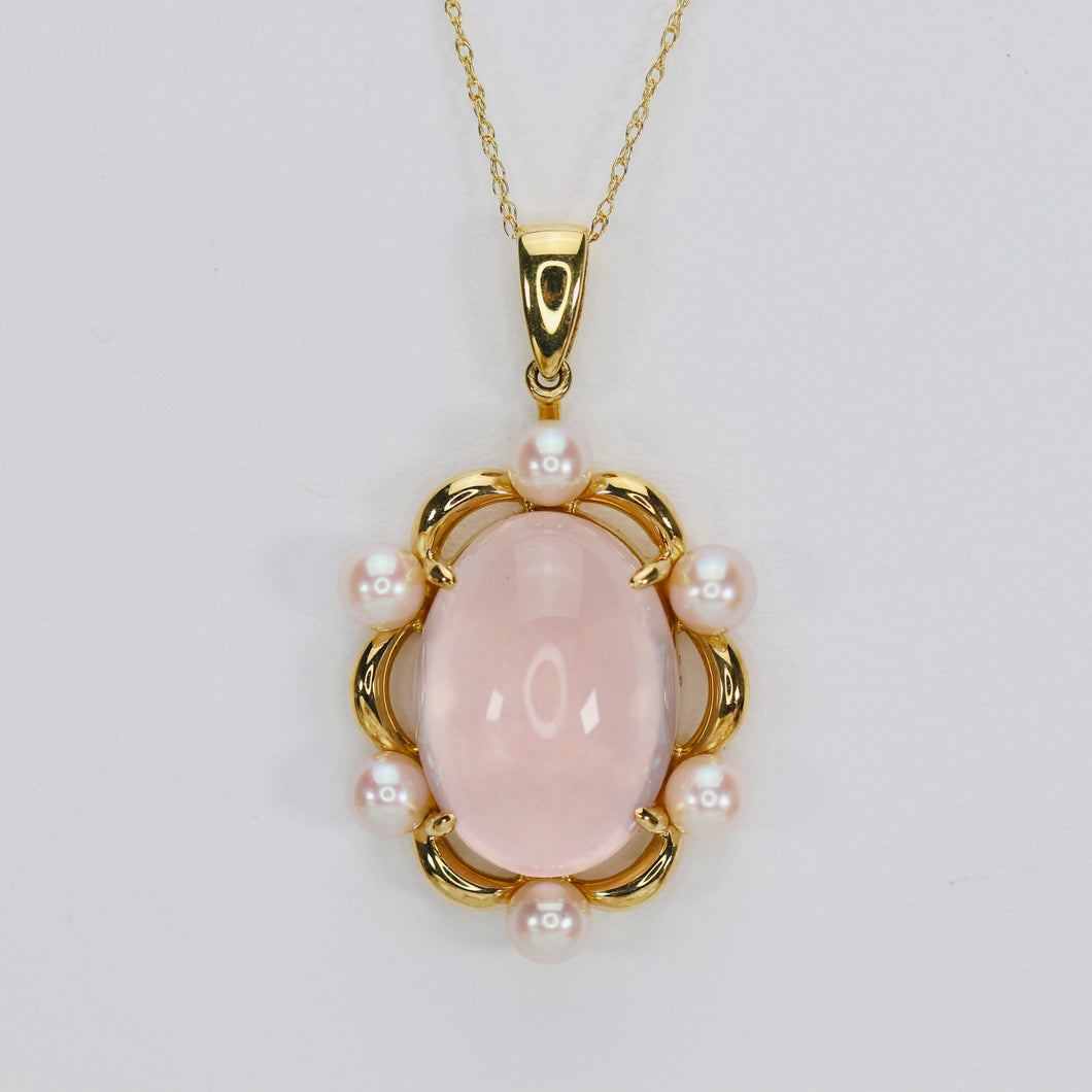 Rose quartz and pearl necklace in 18k yellow gold