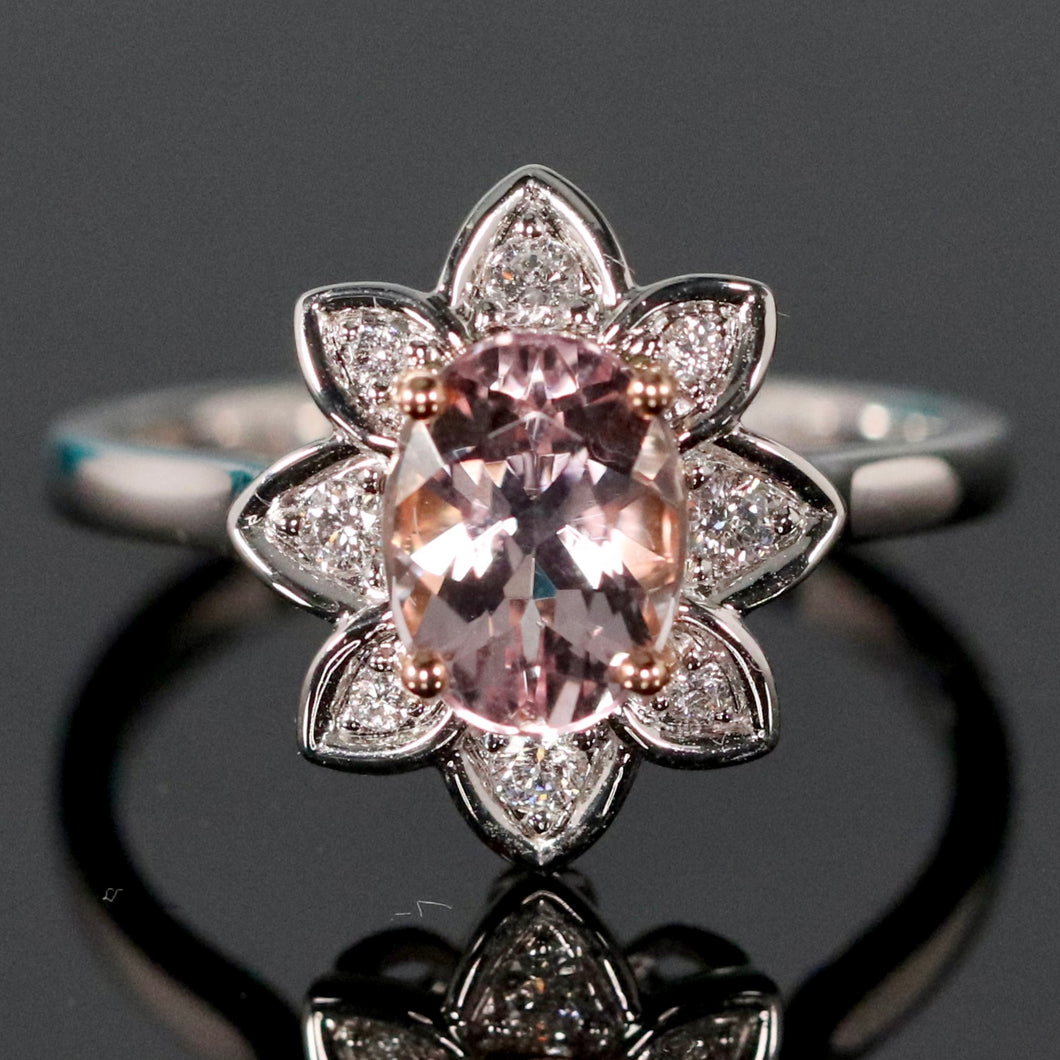 Morganite and diamond ring in 14k white gold