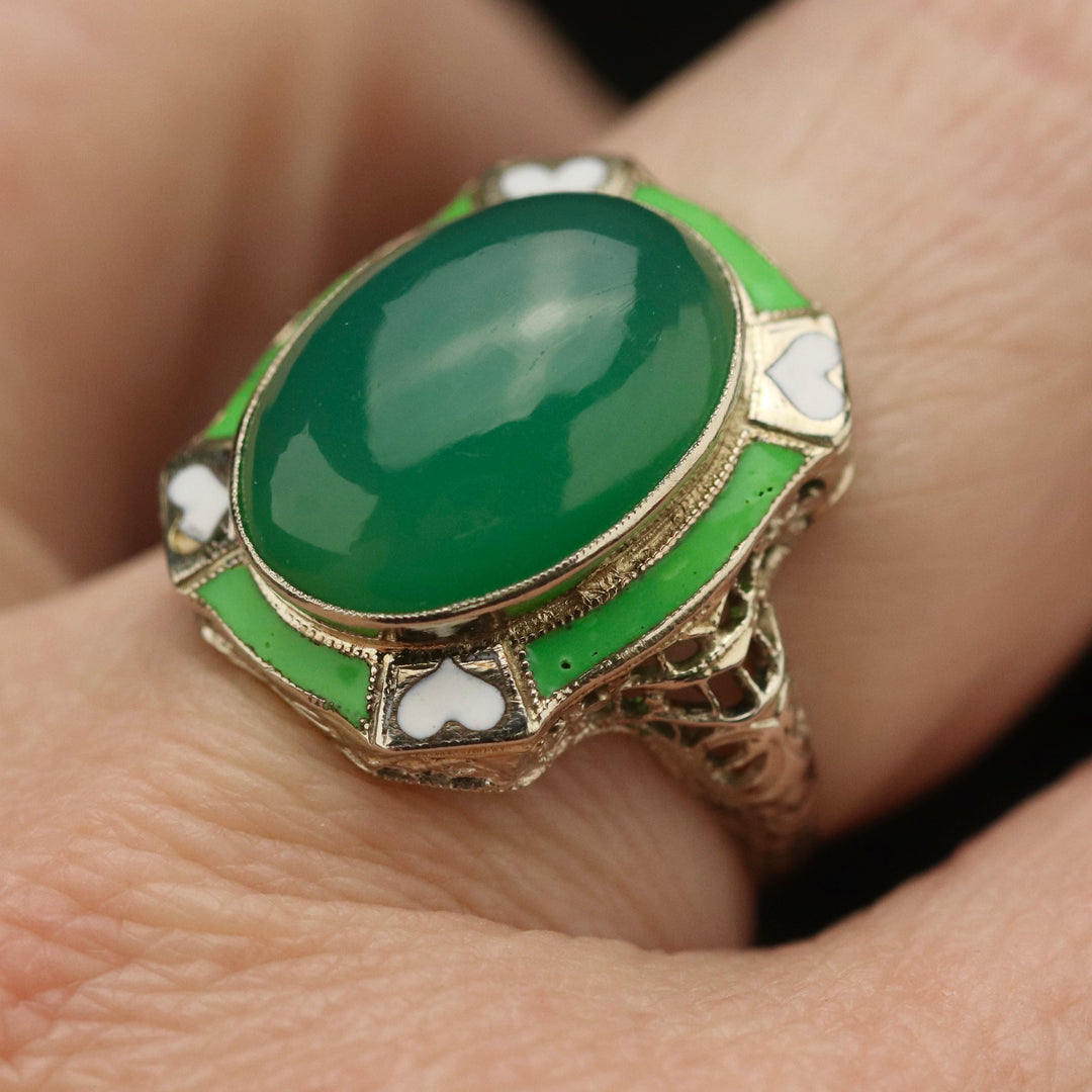 Vintage ring with chrysoprase and enamel in 14k white gold filigree from Manor Jewels.